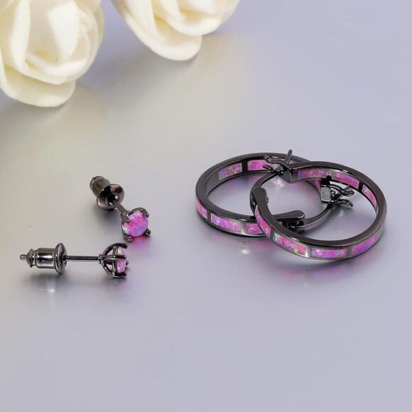 14K Black Gold with Genuine Purple Fire Opal Hoop and Stud Earrings Set of 2 - Picture 4 of 5